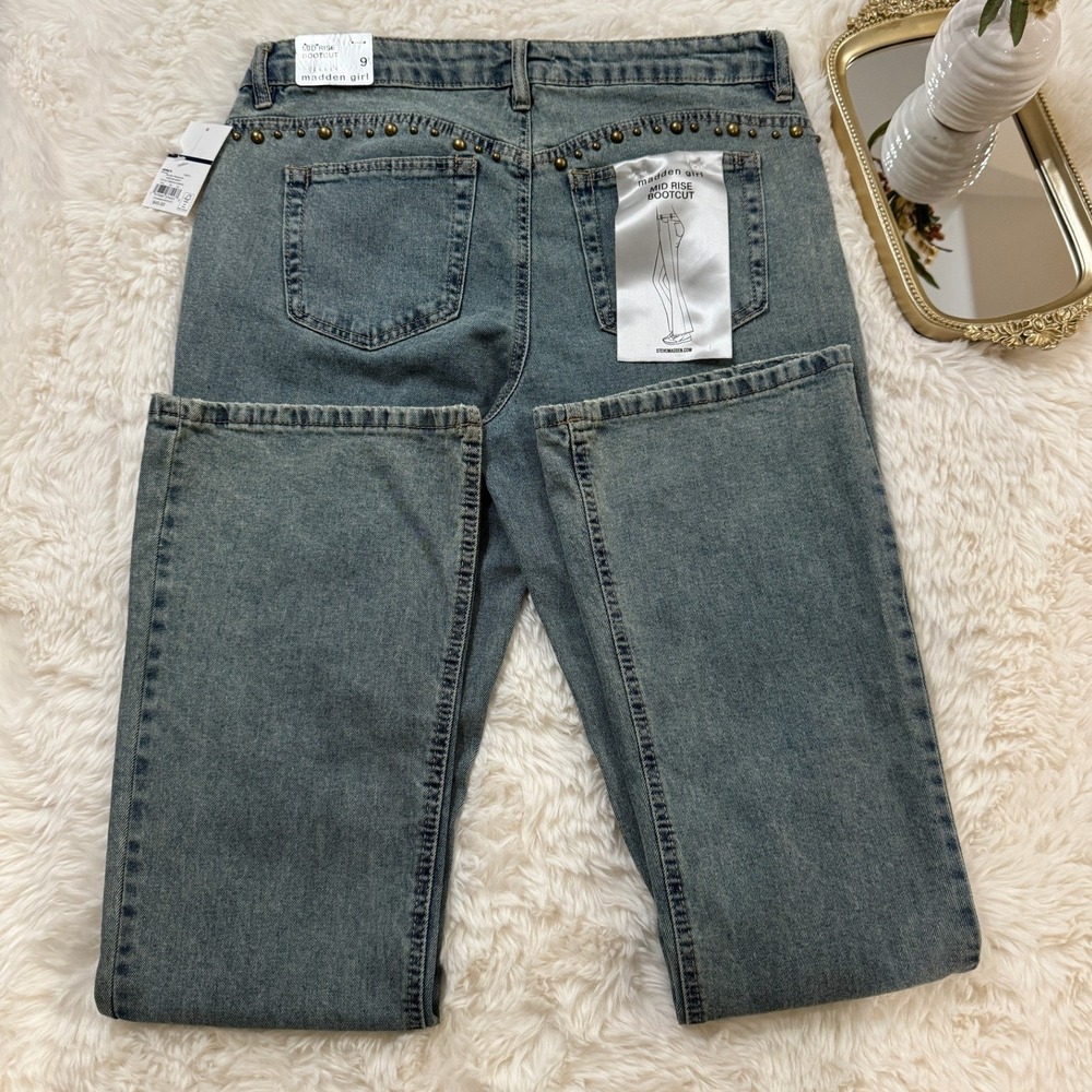 Madden Girl Mid Rise Bootcut Jeans Blue Studded Denim Size 9 NEW - Picture 3 of 10